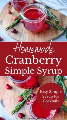 homemade cranberry simple syrup recipe on a cutting board with rosemary sprigs