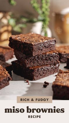 chocolate brownies stacked on top of each other with text overlay reading rich & fudgy miso brownies recipe