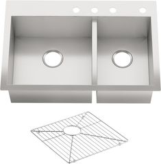 double bowl stainless steel kitchen sink with drainer and strainer grate for draining dishes