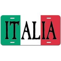 italy license plate with the word italia in black on red and green letters, against a white background