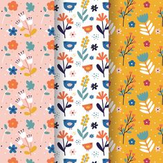 three different patterns with flowers and birds on them