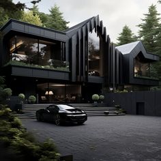 Dark Home with Dark Car. Eran Dahan Real Estate Broker. All White House Interior With Black Accents, Dark Luxury Mansion Exterior, Mansions Modern Luxury, Dark House Aesthetic Exterior Modern, Dark Home Aesthetic Exterior, Modern Houses In The Forest, Black House Aesthetic Outside, Black Interior House Aesthetic, Black House Aesthetic Exterior