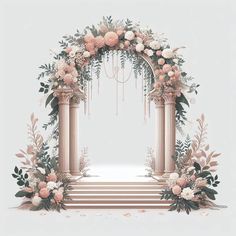 an arch with flowers and greenery on the top is surrounded by stairs that lead up to it