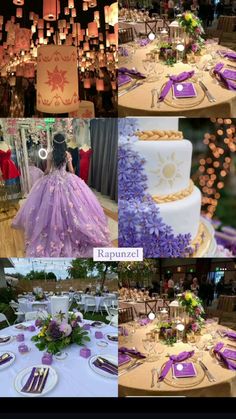 several pictures of different types of cakes and desserts on display at a wedding reception