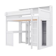 the loft bed is white and has shelves for storage underneath it, as well as a desk