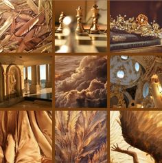 a collage of photos with gold and white items in them, including chess pieces