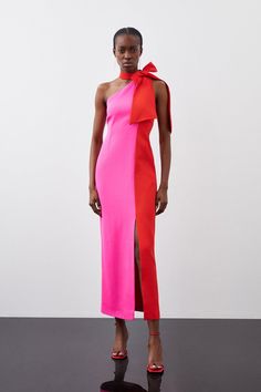 The Statuesque Column Silhouette Of This Midi Dress Is Punctuated By The Feminine Addition Of A Bow Neckline, Creating A Scarf Panel That Drapes With Languid Elegance. This One-Shoulder Style Has A Slanted Neckline, Darting To The Bodice, And A Split Side Skirt That Calls For A Tonal Stiletto To Create A Cohesive Ensemble.One-Shoulder Bodicetie Neckcolour Blockmidi Length Split Side Skirt, Soft Tailoring, Mother Of The Bride Outfit, Bride Clothes, Pink Midi Dress, Colorblock Dress, Karen Millen, Colour Block, Petite Dresses