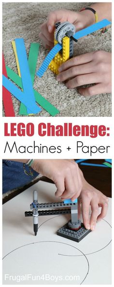 the lego challenge machine and paper is shown with hands on it, while another hand holds a