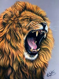 a painting of a lion with its mouth open and it's teeth wide open