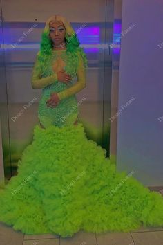 lime green illusion long sleeve ruffled tulle mermaid prom dress Lime Green Prom Dresses, Green Mermaid Prom Dress, Ruffle Tulle Dress, Green Bra, Prom Dress Inspo, Lime Green Dress, Black And White People, Prom Couples, Black Dresses Classy