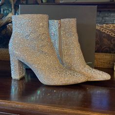 Cady Betsy Johnson Size 9 Rhinestone Ankle Boots. Worn One Time For An Hour At Wedding. Excellent Almost New Condition. No Major Stones Missing. I Do Not See Anything Missing I Have Included Several Pic Of Both Boots On All Sides. No Returns Or Exchanges. These Are A Show Stopper Rhinestone Ankle Boots, Betsey Johnson Shoes, Betsy Johnson, One Time, Betsey Johnson, Bootie Boots, Ankle Boots, Women Shoes, Boots