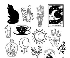 a black and white drawing of various items in the shape of moon, sun, stars