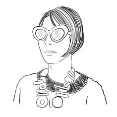 a black and white drawing of a woman with glasses