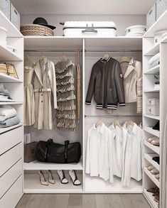 an organized closet with clothes and shoes