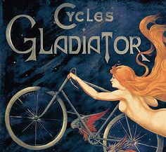 an advertisement for cycles gladiator featuring a naked woman on a bicycle with long red hair