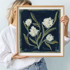 Loosely painted flower arrangement on navy blue background, abstract southern flowers, modern abstract floral art Postpartum Art, Feminine Dark, Apartment Remodel, Blue Flower Arrangements, Southern Coastal, Impressive Art, Dallas House, Navy Blue Flowers, Feminine Elegance