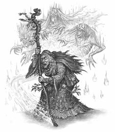 a black and white drawing of a wizard holding a staff in front of an evil demon