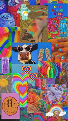 the collage is colorful and has many different pictures on it, including a cow