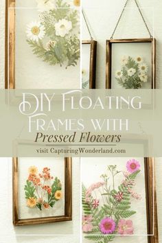 four framed flowers are hanging on the wall with text that reads diy floating frames with pressed flowers