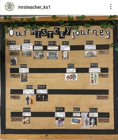 a bulletin board with pictures and writing on it that reads our history journey, 1932 - 2013