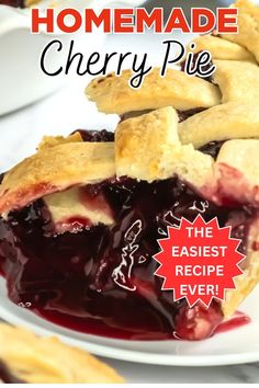 homemade cherry pie on a white plate with text overlay