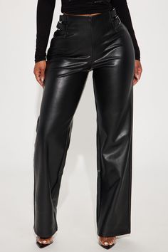 Available In Black. Faux Leather Pant Back Zip Closure Side Tab Detail Straight Leg 100% Polyurethane Imported | Got Carried Away Faux Leather Pant in Black size XS by Fashion Nova Flare Leather Pants Outfit, Flare Leather Pants, Leather Pants Outfit, Leather Pant, Faux Leather Pants, Black Faux Leather, Black Pants, Black Fashion, Fashion Nova