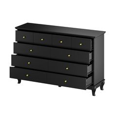 a black dresser with five drawers and gold knobs on the bottom drawer, against a white background