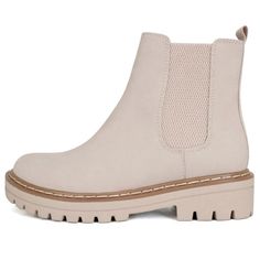 These Stylish Round Toe Chelsea Boots Will Instantly Update Your Wardrobe New In Box Man Made Leathette Material Elastic Side Panels Pull Up Style (No Zipper) Lightly Padded Insole Rounded Toes Comfy Low Lug Sole Platform Height: 1 In. Heel Height: 1.5 In Fitting: True To Size. Regular Foot Width. Cream Chelsea Boots, Tan Chelsea Boots, Worn Boots, Cream Boots, Snake Print Boots, Brown Suede Heels, Suede Chukka Boots, Suede Chukkas, Chunky Heel Ankle Boots