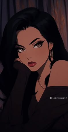 a woman with long black hair and big hoop earrings