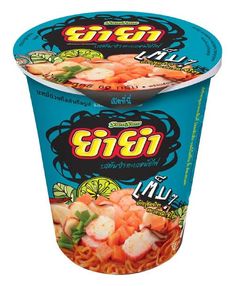 an ice cream cup with shrimp and noodles in it's wrapper, on a white background