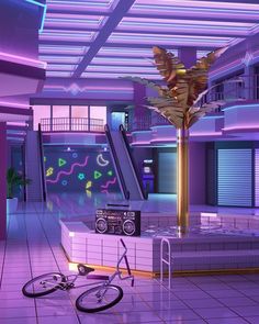 a purple room with a bike on the floor