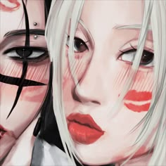 two anime characters with white hair and red lips, one is staring at the camera