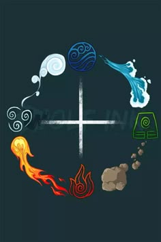 four different types of fire and water in the shape of a cross on a black background