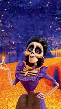 a skeleton dressed as a woman holding a lit candle in front of a cityscape