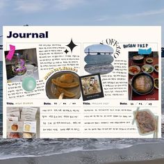 a collage of photos and information about food on a beach with the ocean in the background