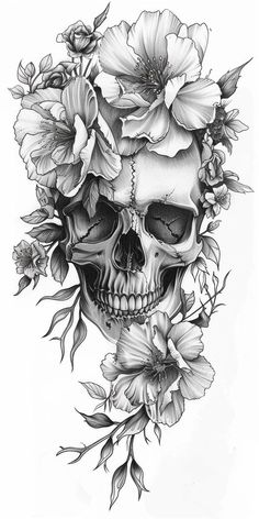 a skull with flowers on it's head is shown in this tattoo art design