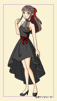 an anime character with long hair wearing a black dress and red bow on her head