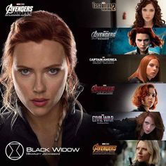 an image of the avengers movie characters in black widow costumes with red hair and blue eyes