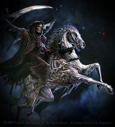 an image of a man riding on the back of a horse next to a demon