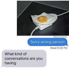 an egg is in the middle of a text message that reads, sorry wrong person what kind of conversations are you having?