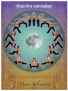 a poster with women doing yoga poses in front of the moon