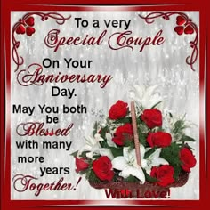 a greeting card with roses and lilies in a basket for someone special couple on your anniversary day