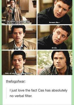 Cas has no filter (especially when he's on a bender) Emmanuelle Vaugier, Mark Sheppard, Supernatural Destiel, Sam Dean, Supernatural Memes, Odaiba, Supernatural Funny, Supernatural Cast, The Supernatural