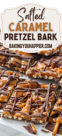 salted caramel pretzel bark with chocolate drizzled on top