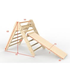 a wooden toy slide with measurements for the top and bottom section, on a white background