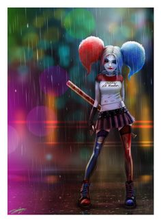 a girl with clown makeup holding a baseball bat in the rain, wearing a red and blue outfit