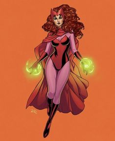 a drawing of a woman in a red and pink costume with green lights around her