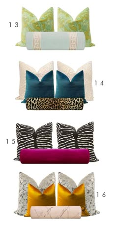 four pillows with different colors and designs on them