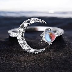 Embrace Celestial Vibes With This Stunning Adjustable S925 Sterling Silver Ring Featuring A Sparkling Crescent Moon , Adorned With Dazzling Rhinestones . The Simulated Moonstone Centerpiece Captures Light Beautifully, Creating An Enchanting Look That's Perfect For Any Occasion. Whether You're Dressing Up For A Night Out Or Adding A Touch Of Magic To Your Everyday Style, This Ring Is A Must-Have! Adjustable For A Comfortable Fit, This Unique Piece Of Jewelry Is A Shining Addition To Any Collectio Unique Ring Designs, Fashion Rings Silver, Mystical Jewelry, Chic Rings, Vintage Inspired Jewelry, Stylish Rings, Moon Lovers, Festival Jewelry, Rhinestone Ring