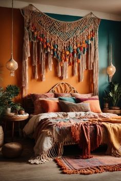 a bedroom with an orange wall and lots of tassels hanging from the ceiling